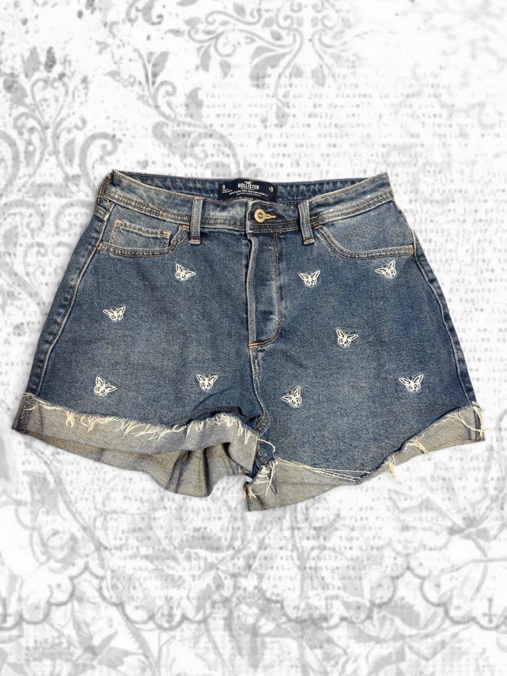 Hollister Dark Blue Denim Shorts with White Butterfly Embroidery